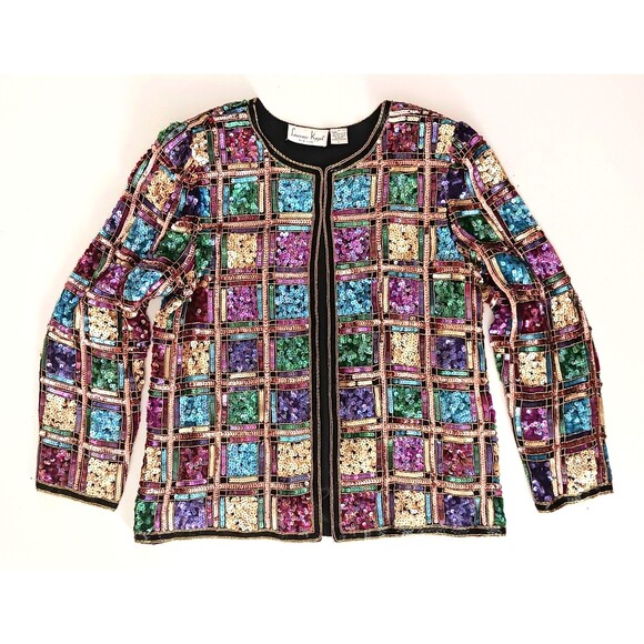VTG Laurence Kazar Silk Sequin Cocktail Jacket Multicolor Jeweltone Squares M/ L - Picture 7 of 10